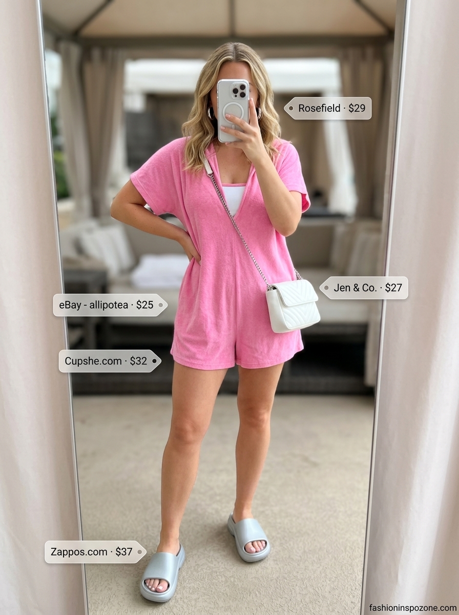 Fun Pool Party Outfits for Women 2026 Playful summer pool party cover up outfits for women 2026: pink terry romper, white bikini, platform slides.