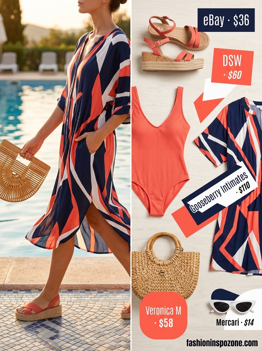Retro Pool Party Outfits for Women 2026 Retro summer pool party cover up outfits for women 2026: geometric tunic, coral swimsuit, straw shoulder bag.