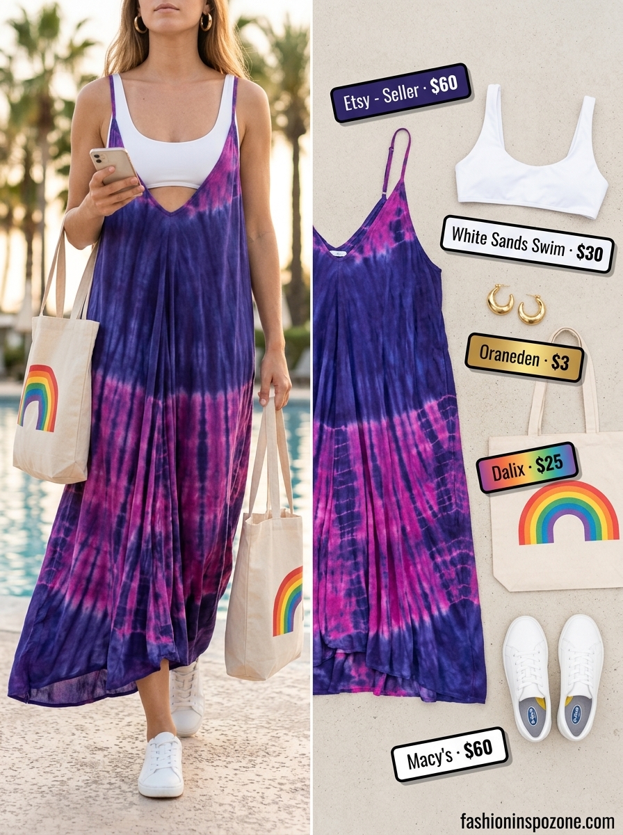 Retro Splash Groove Outfits 2026 Retro tie-dye maxi dress cover-up with sneakers for fun summer pool party outfits for women 2026.