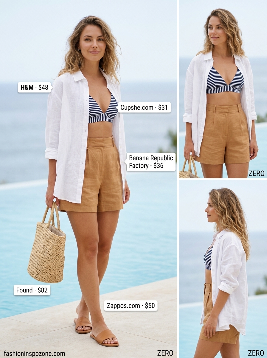 Riviera Chic Retreat Outfits 2026 Crisp white linen shirt cover-up with navy bikini for chic summer pool party outfits for women 2026.