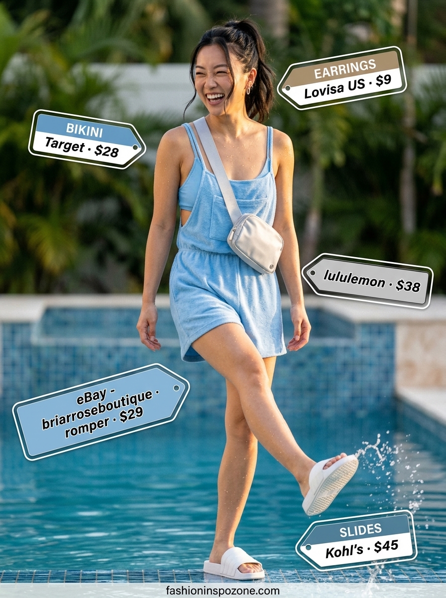 Sporty Pool Party Outfits for Women 2026 Sporty summer pool party cover up outfits for women 2026: sky blue romper, white bikini, white belt bag.