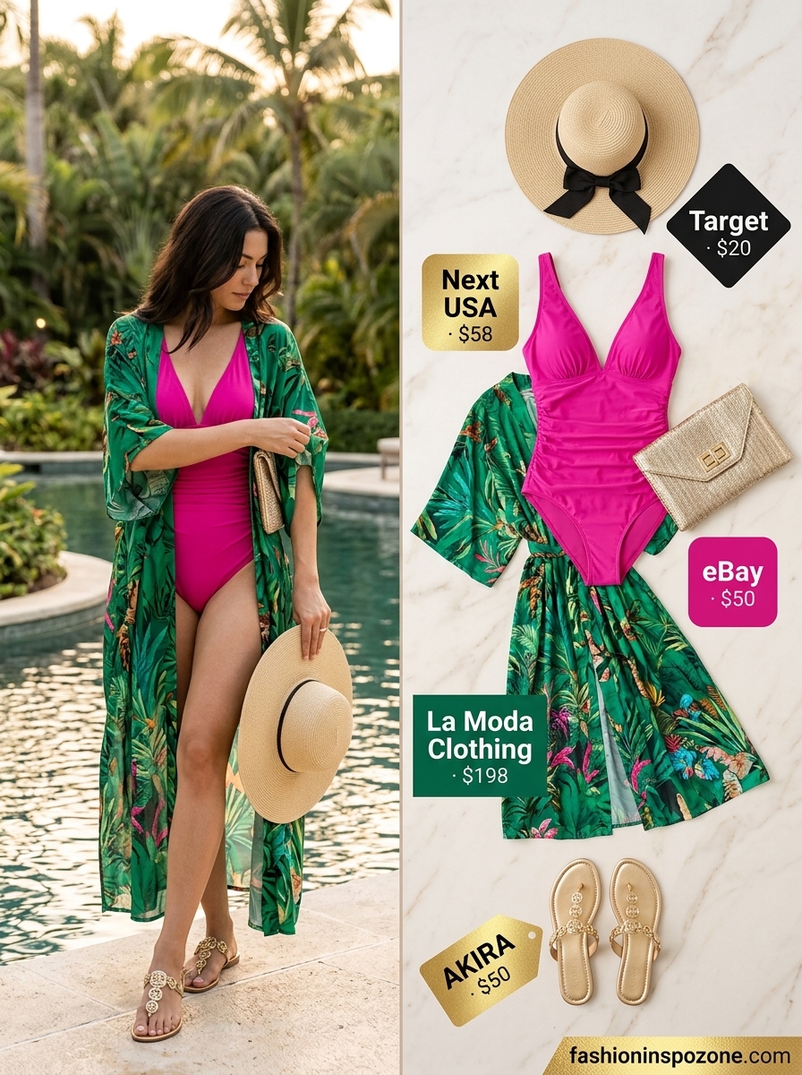 Luxurious emerald green caftan cover-up with fuchsia swimsuit for glamorous summer pool party outfits for women 2026.