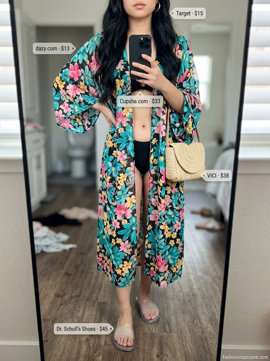 Tropical Pool Party Outfits for Women 2026 Tropical summer pool party cover up outfits for women 2026: floral kimono, black bikini, woven crossbody bag.