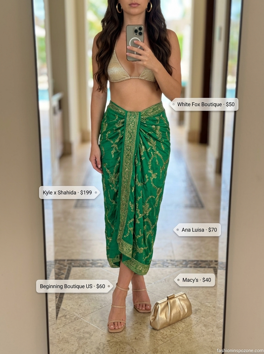 Riviera Glam: Pool Party Cover Up Outfits 2026 Emerald green satin sarong skirt & gold bikini: luxe summer pool party cover up outfits for women 2026.