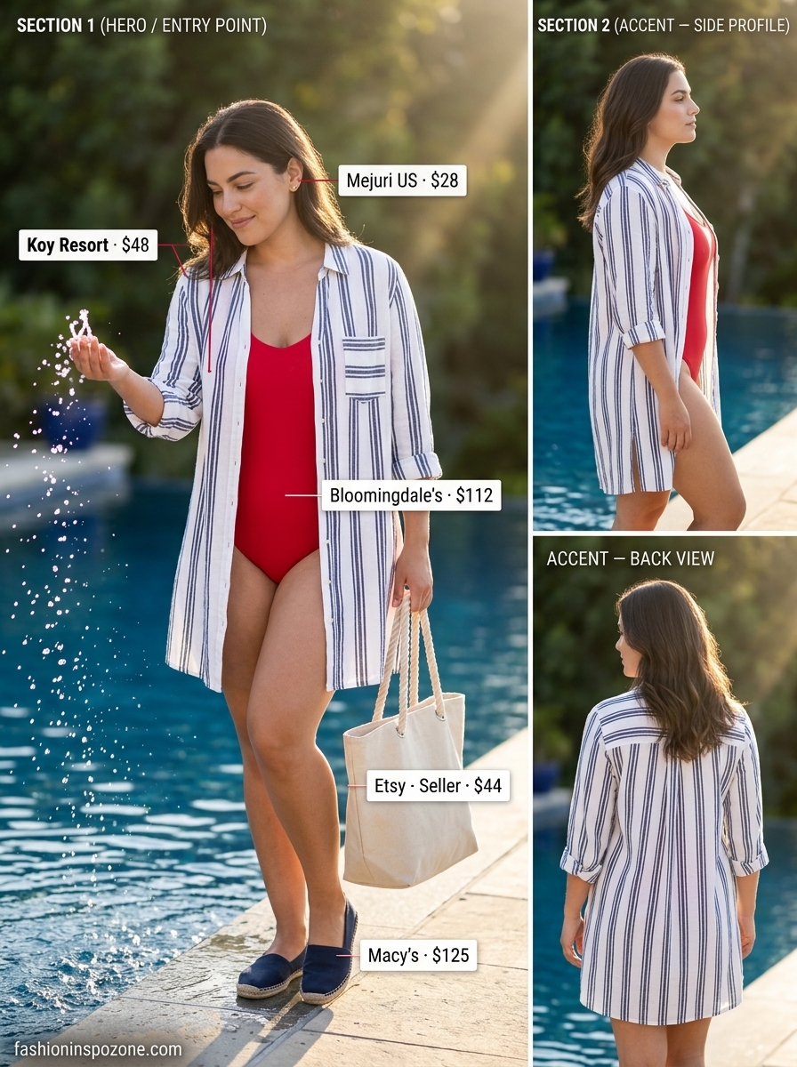 Nautical Riviera: Pool Party Outfits 2026 Navy & white striped tunic dress cover up: preppy summer pool party outfits for women 2026.
