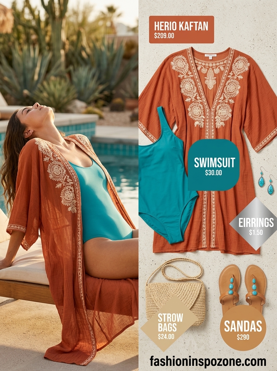 Desert Bloom: Summer Pool Party Outfits 2026 Rust orange embroidered kaftan cover up: earthy summer pool party outfits for women 2026.