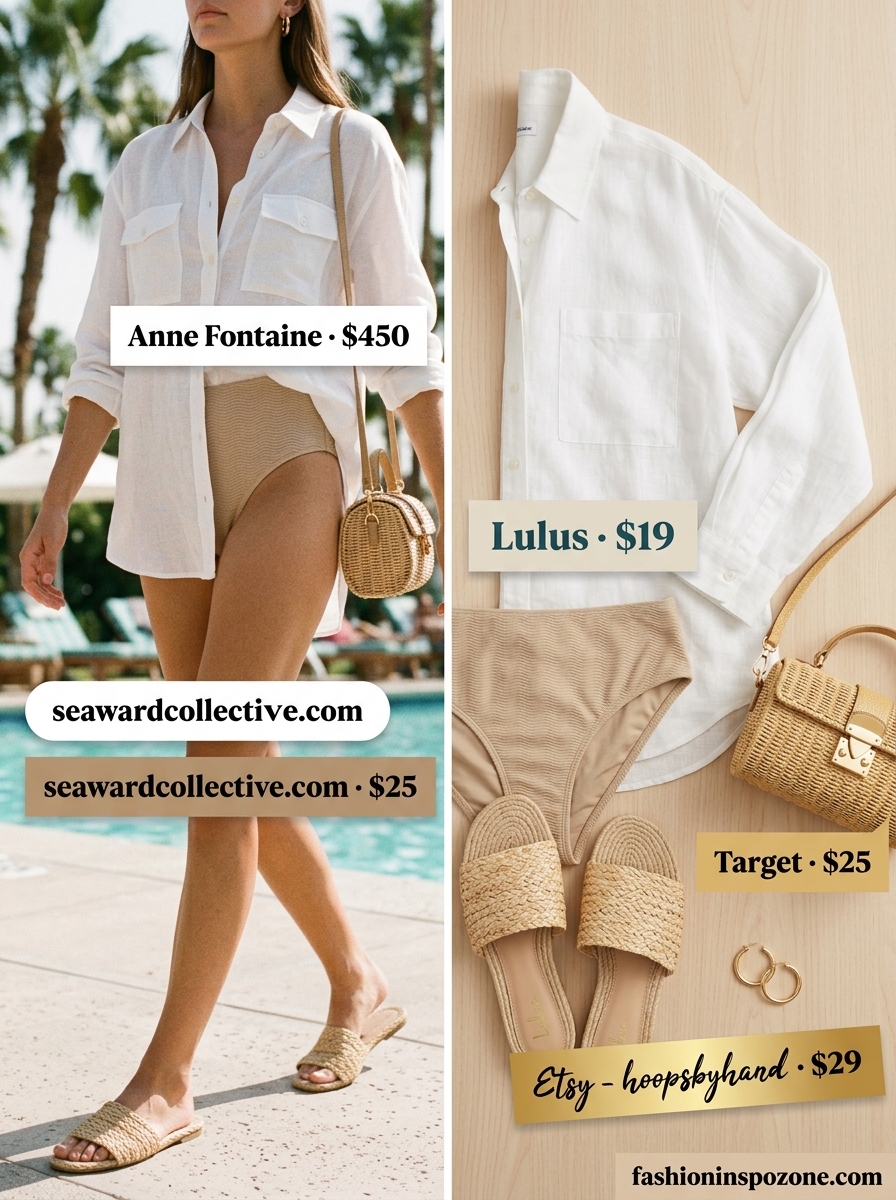Minimalist Chic: Pool Party Outfits 2026 White sheer button-down shirt cover up: minimalist summer pool party outfits for women 2026.