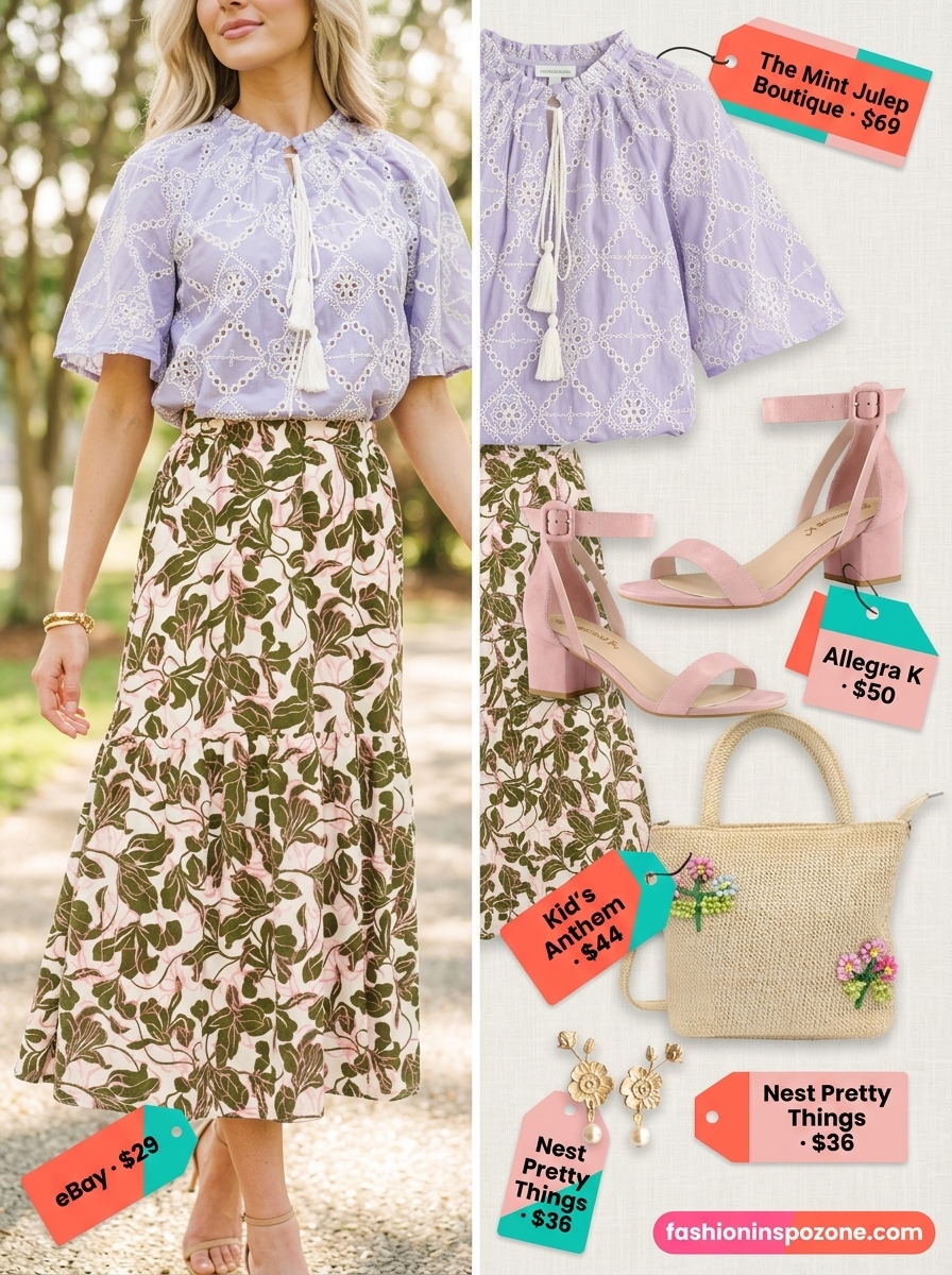 Pastel garden party outfit: lilac puff sleeve blouse, floral midi skirt, block heel sandals for women 2026.