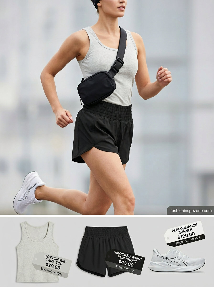 Light grey athletic scoop neck tank top & black shorts outfit for women 2026. Sporty and comfortable.