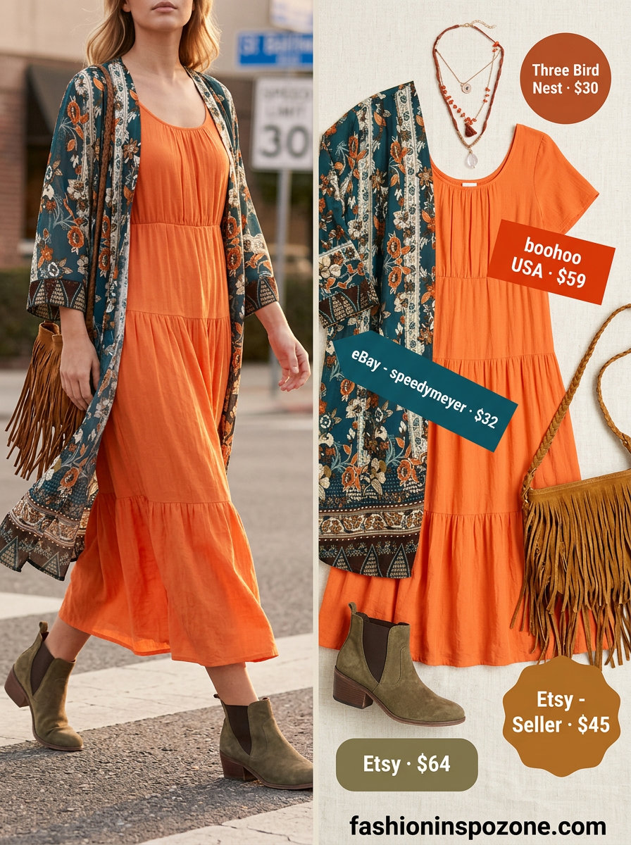 Boho summer evening outfit for women 2026: Terracotta scoop neck maxi dress, olive green boots, layered necklaces.