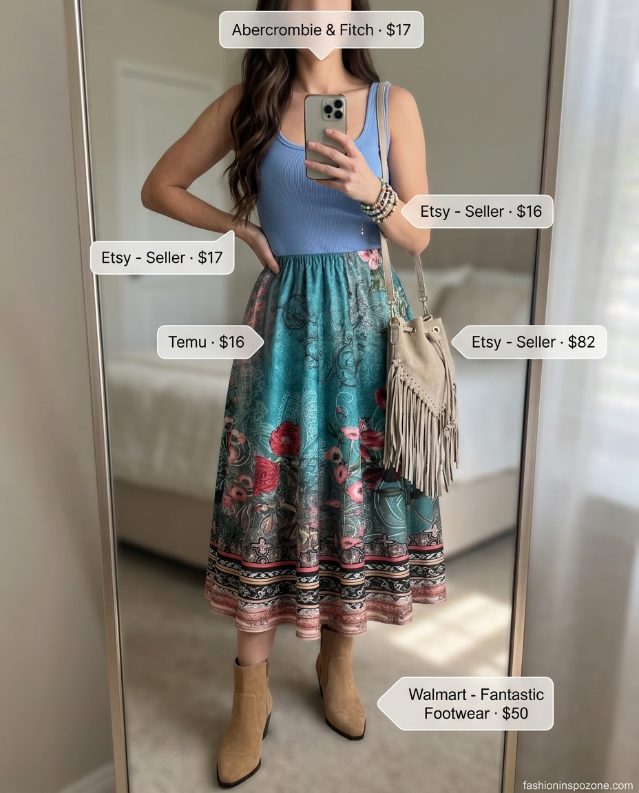 Boho festival vibes outfit for women 2026: Abstract print midi skirt, white scoop neck tank, and suede boots.
