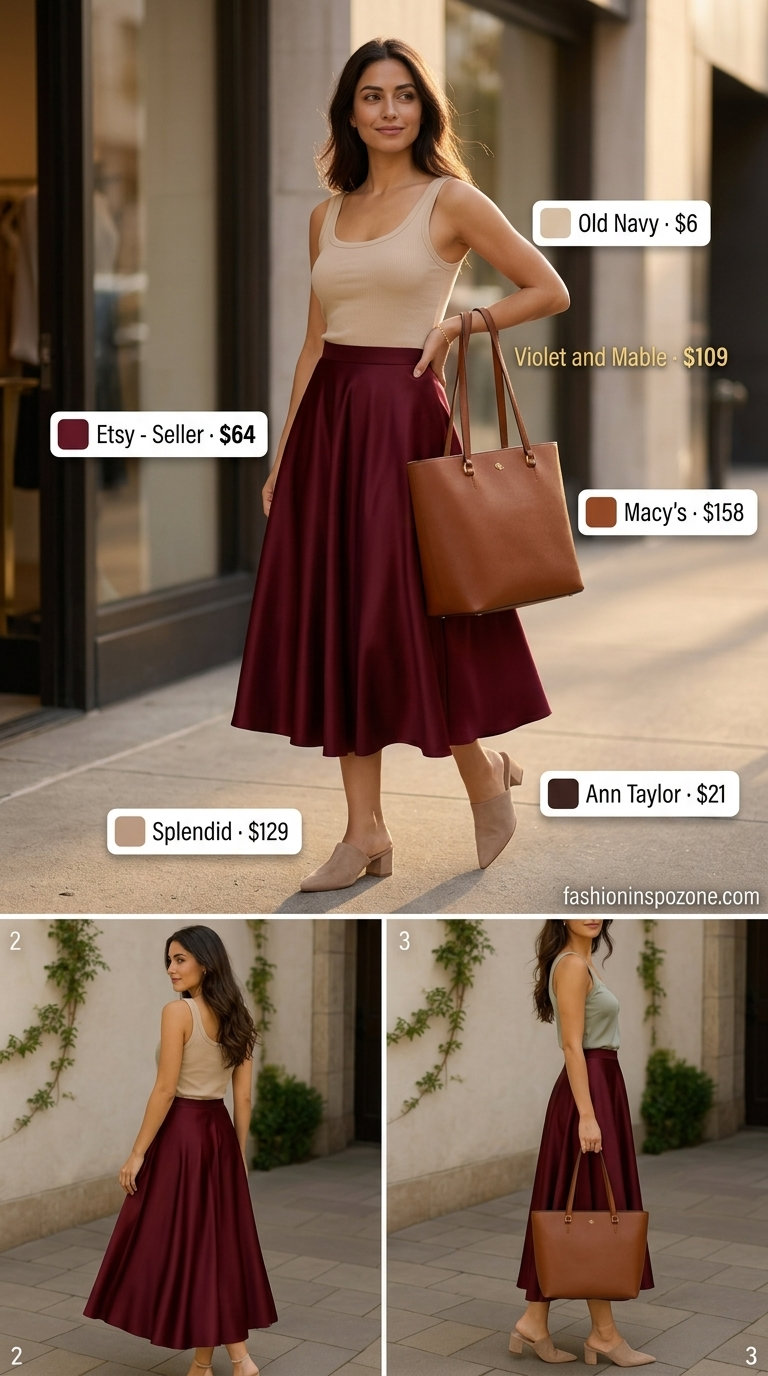 Burgundy midi skirt & beige scoop neck tank top outfit for women 2026. Chic for daytime events.