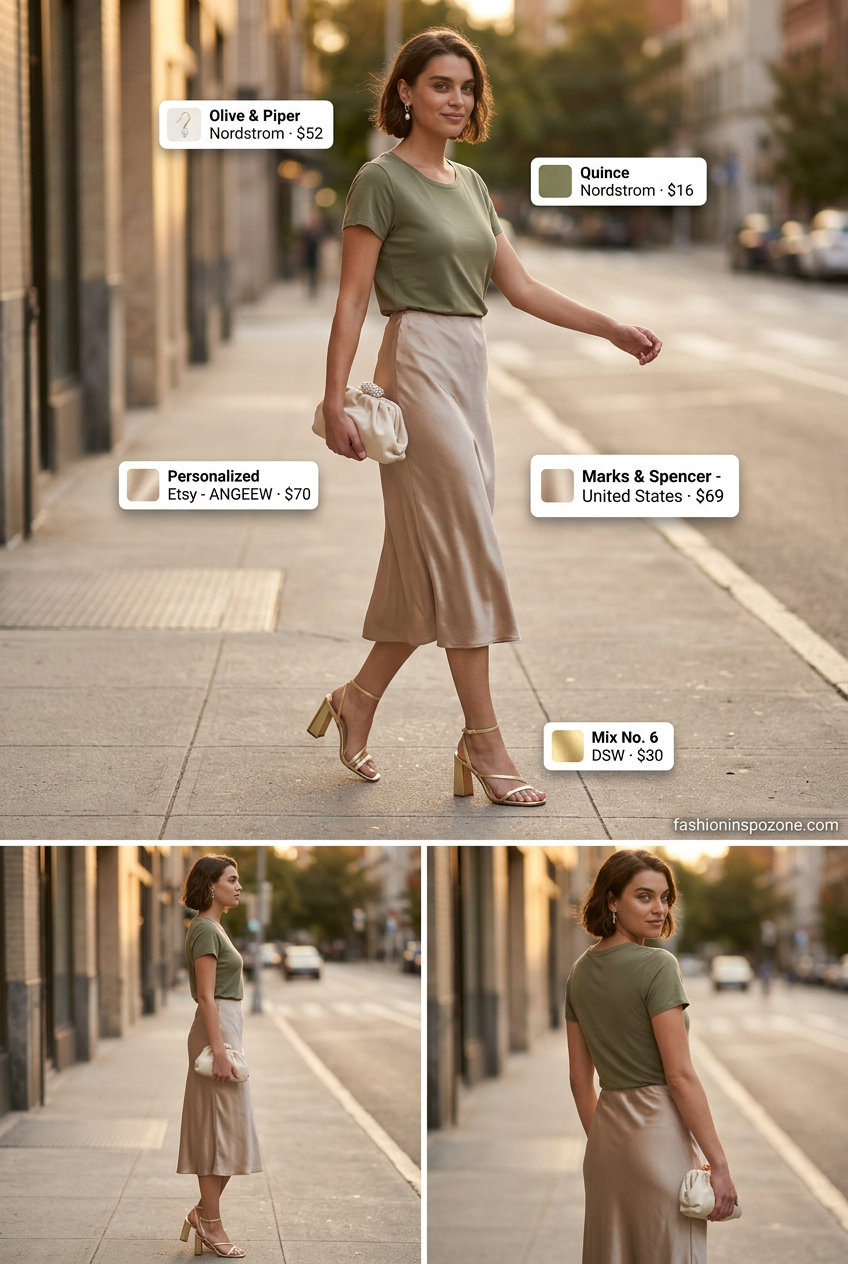 Champagne satin midi skirt & ivory scoop neck camisole outfit for women 2026. Elegant for date night.