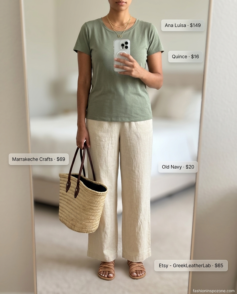 Coastal breeze chic outfit for women 2026: Sage green linen pants, cream scoop neck tank, and straw tote.