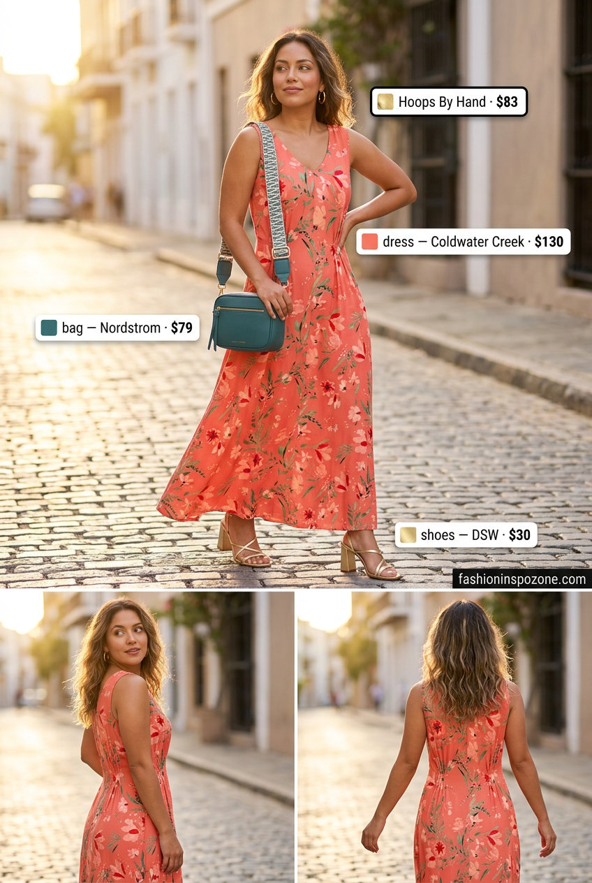 Boho coral floral maxi dress for women 2026. Summer evening outfit with block heels.