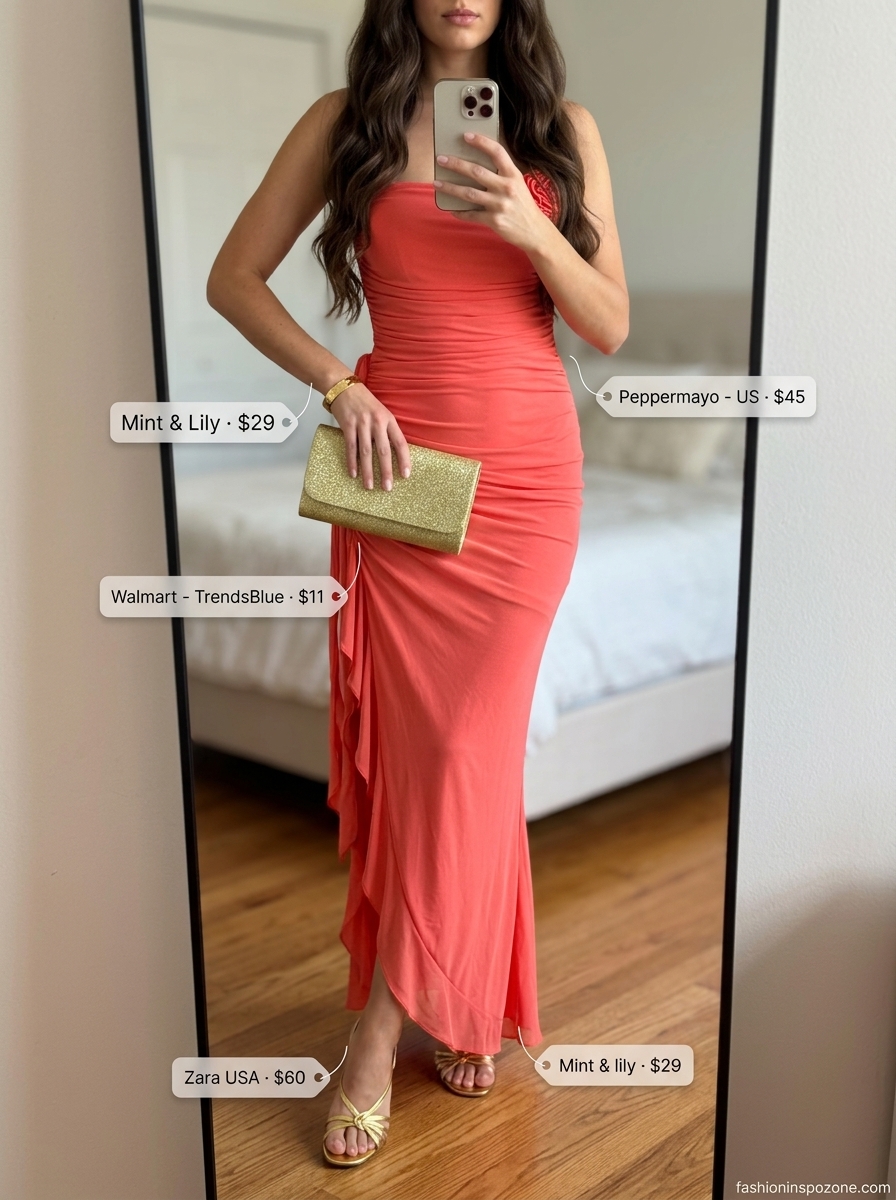 Glamorous coral scoop neck maxi dress for women 2026. Date night outfit with gold accessories.