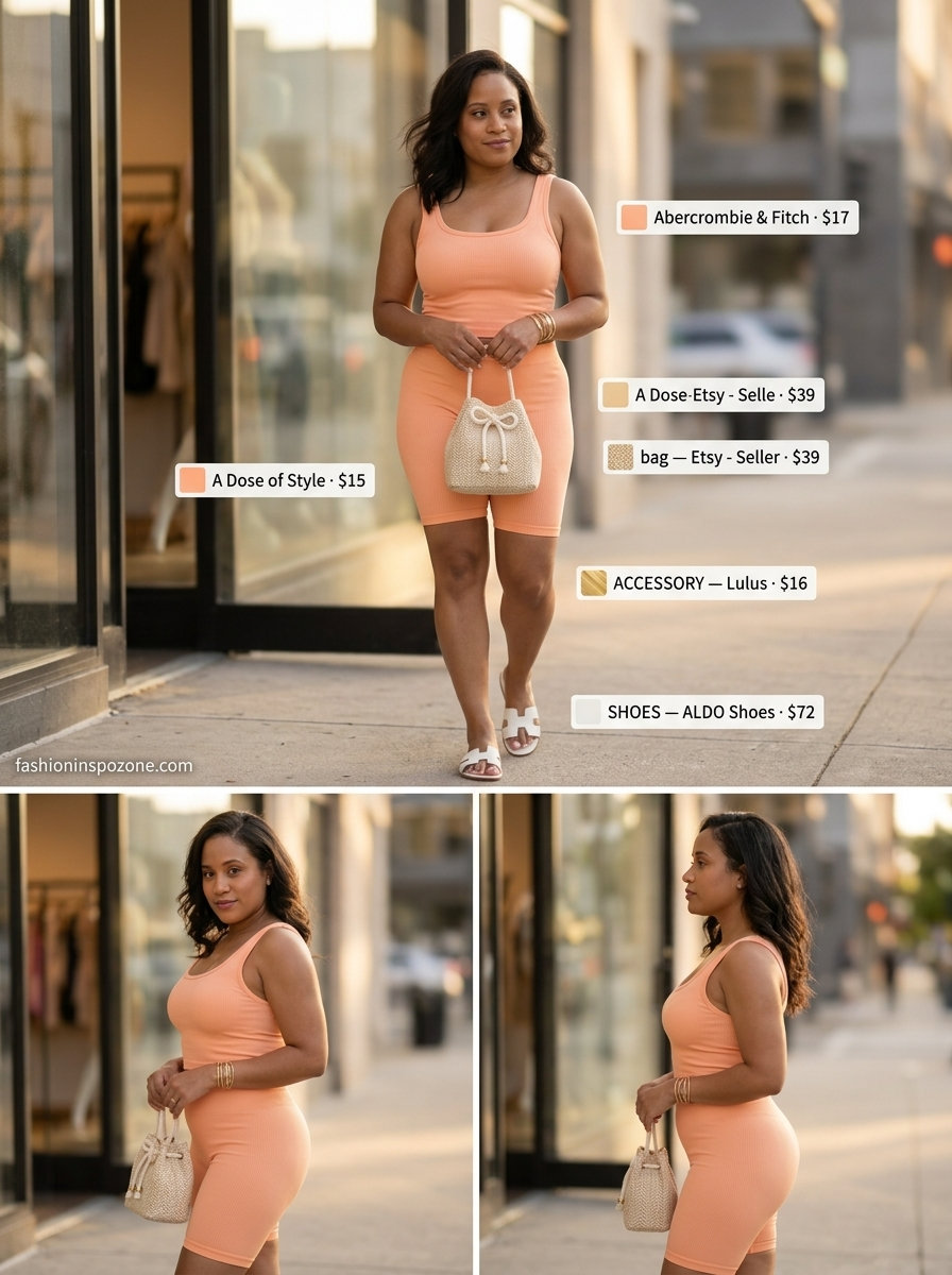 Coral pink scoop neck crop top & shorts set for women 2026. Vacation resort wear with gold bangles.
