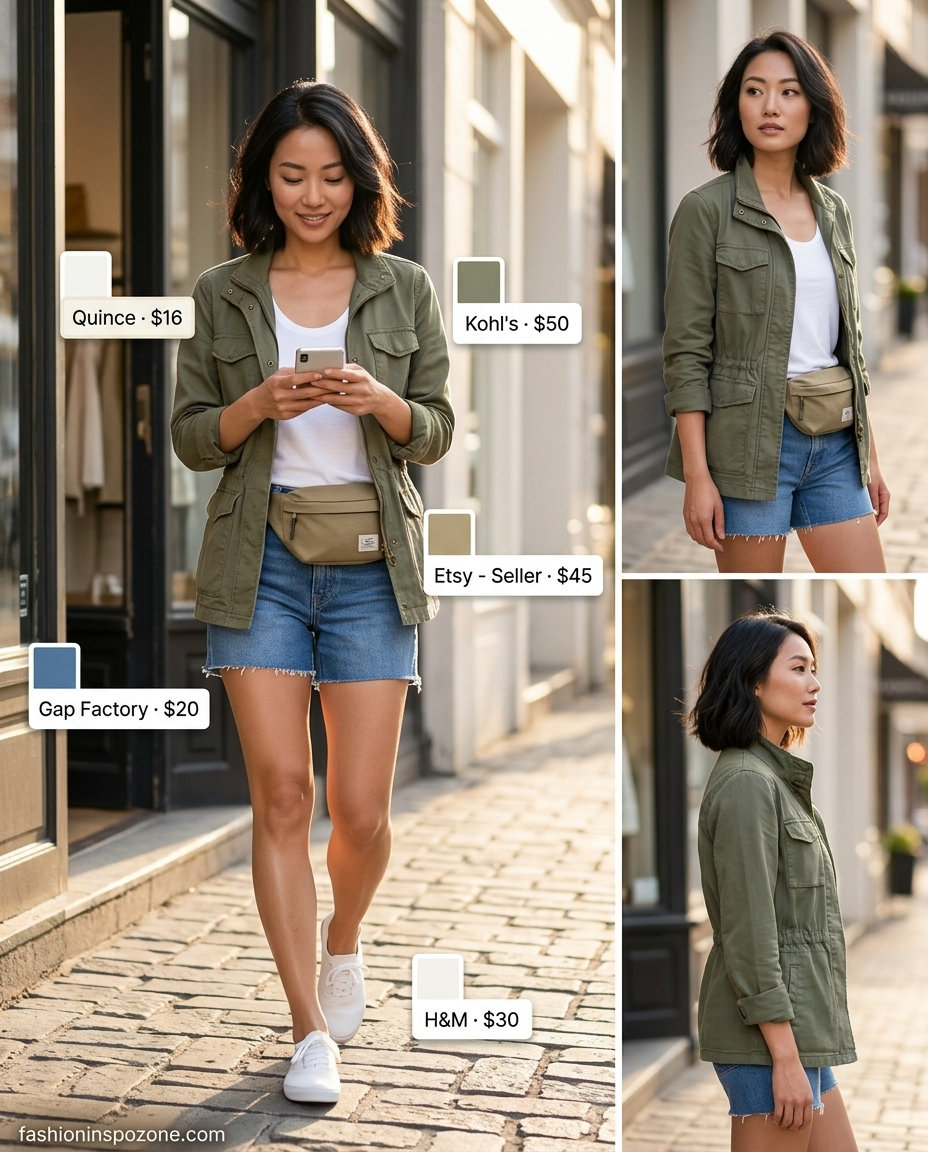 Casual denim shorts outfit for women 2026. Summer day look with scoop neck tee.