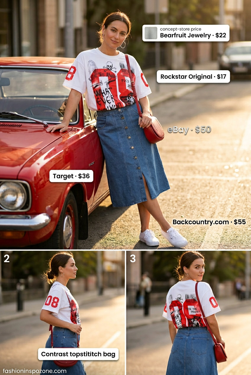 Denim midi skirt & white graphic scoop neck t-shirt outfit for women 2026. Retro and casual.