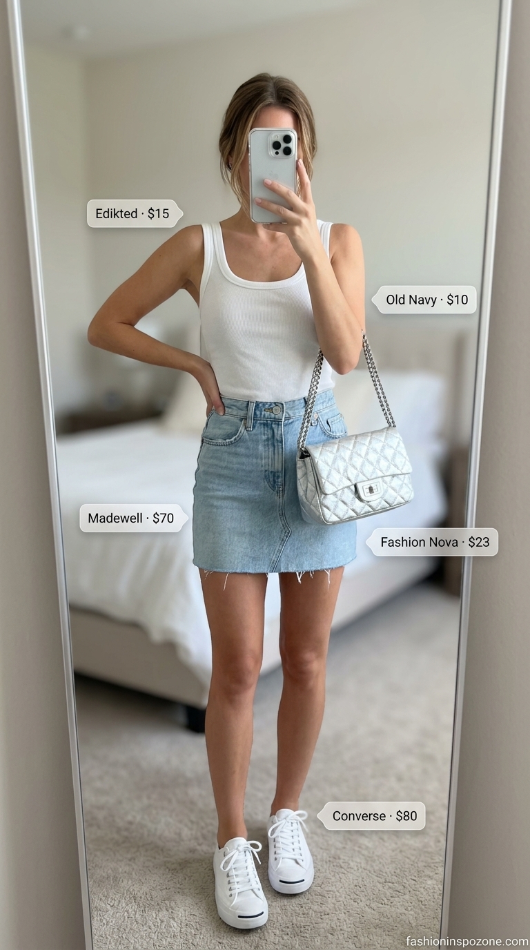 Denim mini skirt outfit for women 2026. Casual summer look with scoop neck tee.