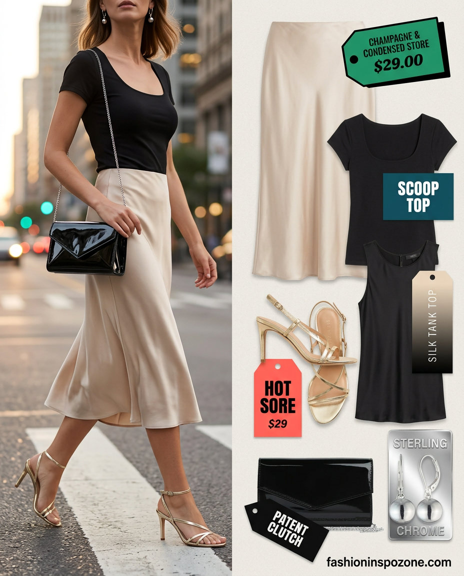 Elevated summer evening outfit for women 2026: Champagne slip skirt, black camisole, and strappy silver heels.