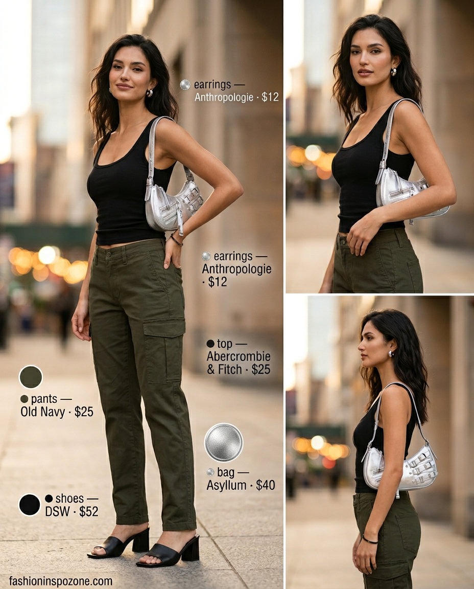 Khaki cargo pants outfit for women 2026. Edgy street style with scoop neck tank.