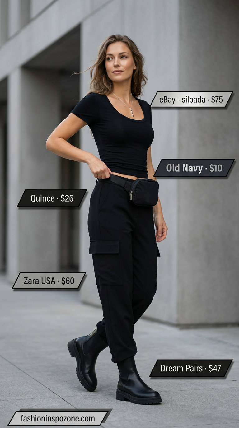 Modern utility outfit for women 2026: Olive green scoop neck top, black cargo pants, and combat boots.