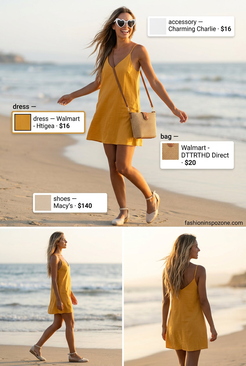 Mustard yellow linen sundress for women 2026. Playful summer day outfit with scoop neck.