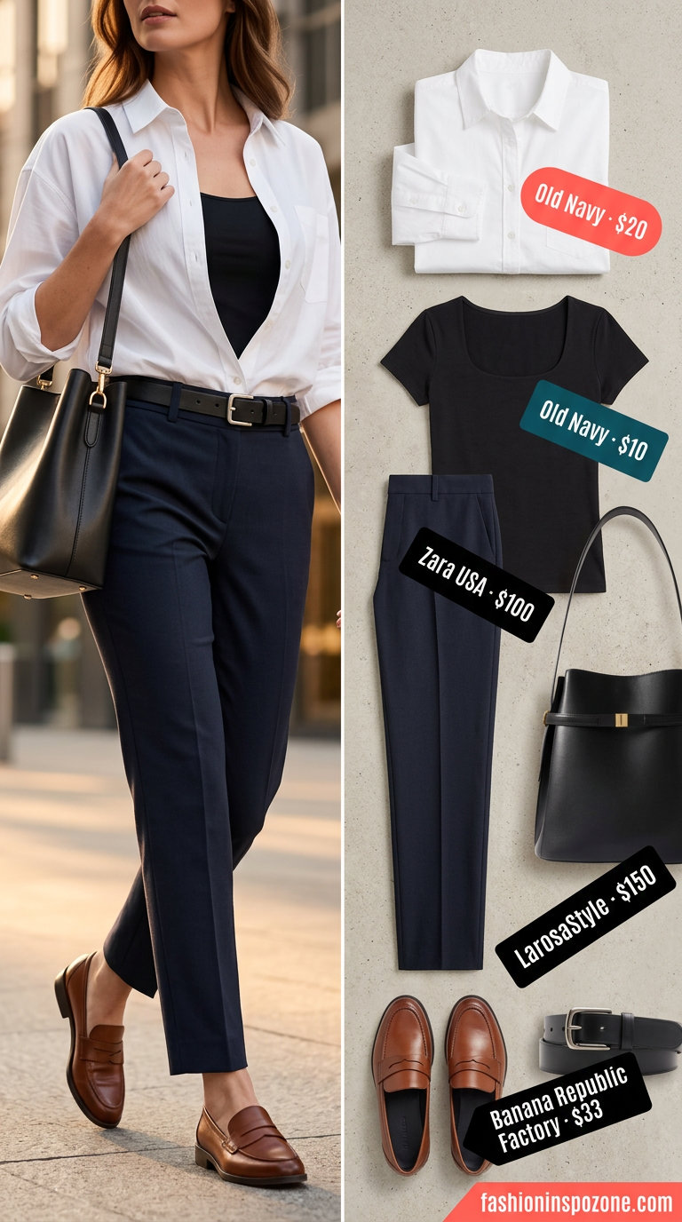 Navy trousers & white button-down shirt with scoop neck top for women 2026. Professional office wear.