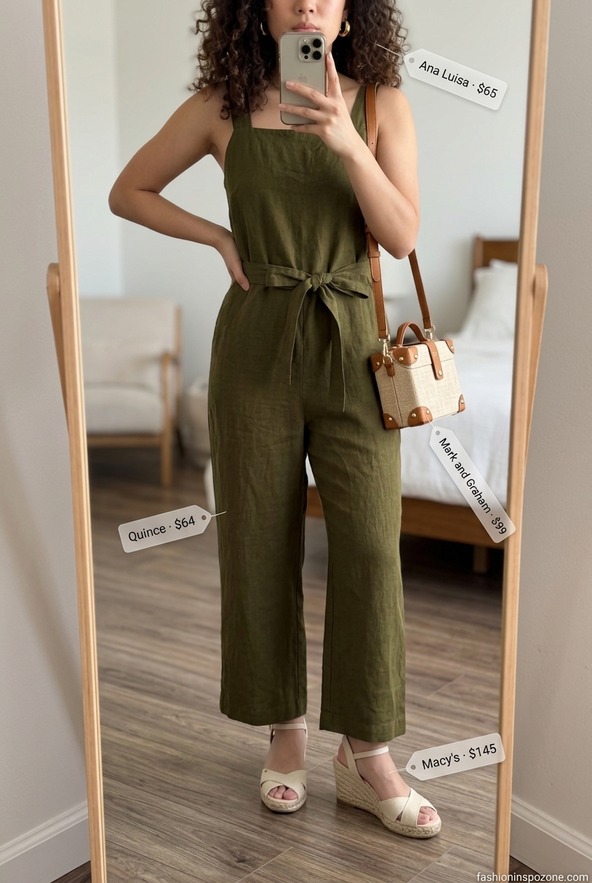 Olive green linen jumpsuit for women 2026. Chic travel outfit with scoop neck.