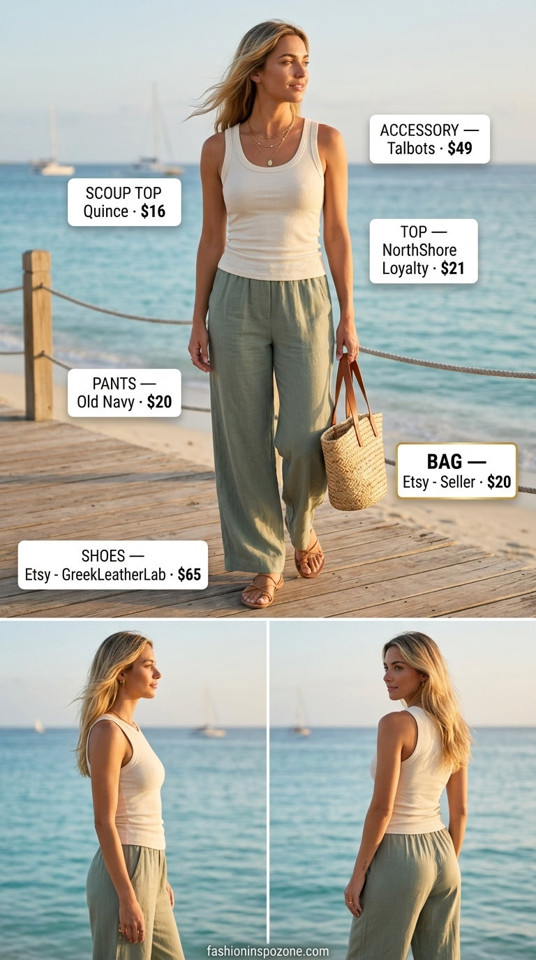 Sage green linen pants & cream scoop neck top outfit for women 2026. Coastal breeze vibes.