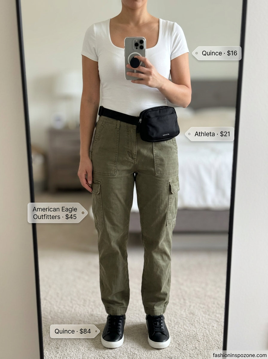 Sporty chic athleisure outfit for women 2026: Olive green cargo pants, white scoop neck tee, and fashion sneakers.