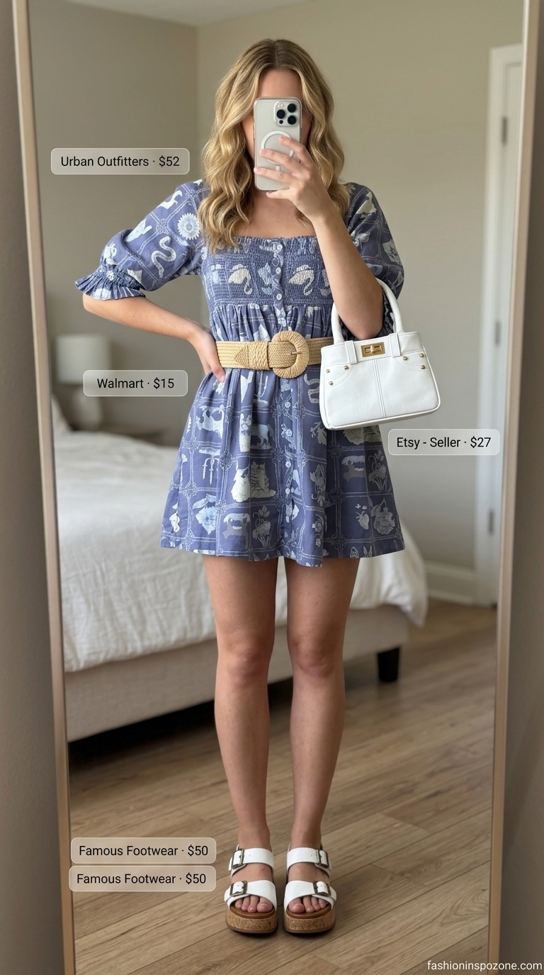 Sweet summer square neck outfit for women 2026: pastel blue babydoll dress, white sandals for a casual day.