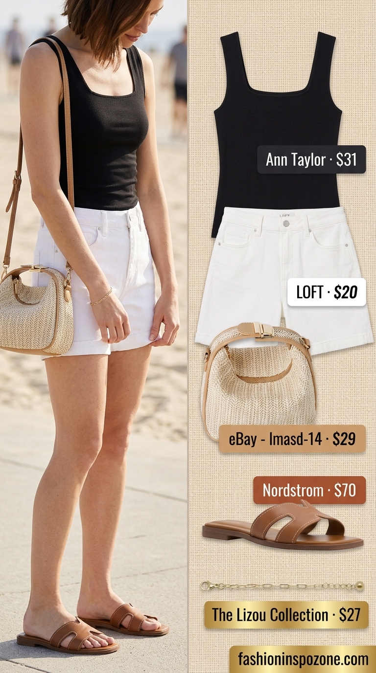 Sky blue fitted square neck tank top with white denim shorts and leather slides for beach outfits 2026.