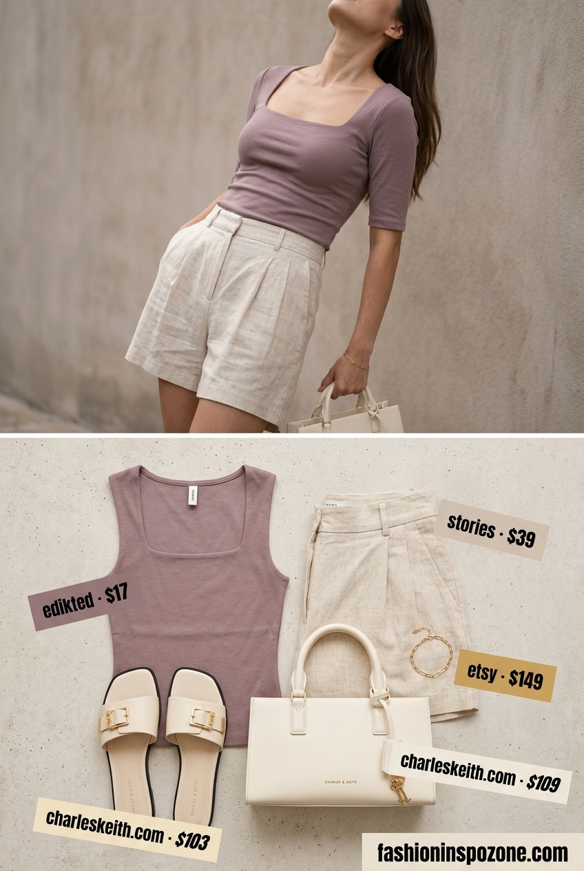 Blush pink square neck bodysuit with cream linen shorts and minimalist sandals for chic outfits 2026.