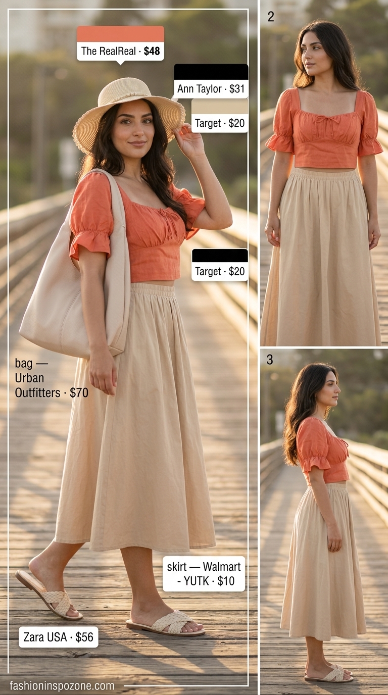 Relaxed summer square neck outfit for women 2026: coral linen top, beige midi skirt, flat sandals for vacation.