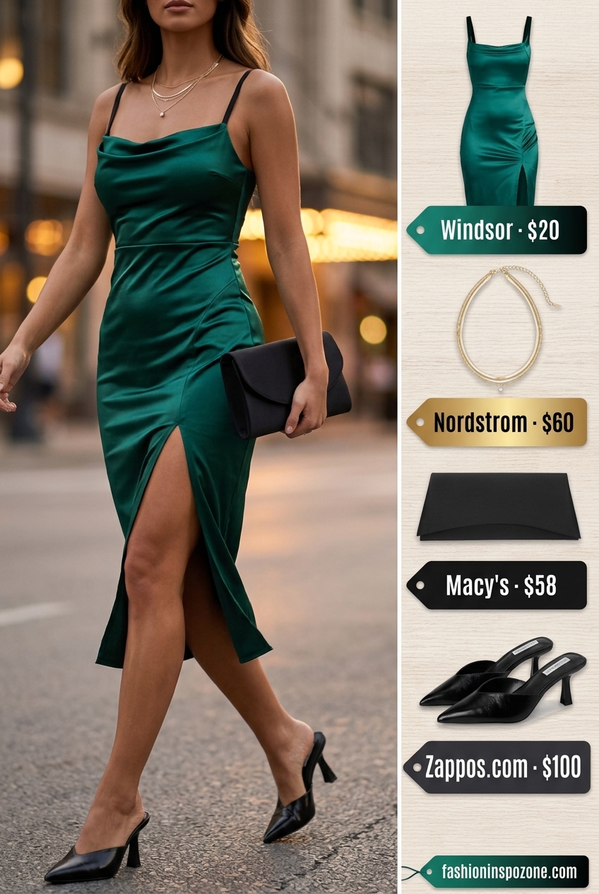 Emerald green square neck slip dress for summer Square Neck outfits for women 2026, ideal for date nights and evening events.