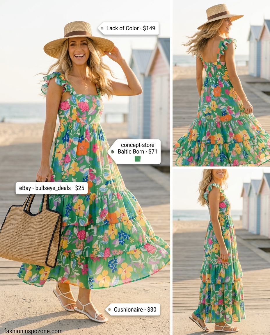 Multi-color floral square neck maxi dress for summer Square Neck outfits for women 2026, perfect for vacation and beach resorts.