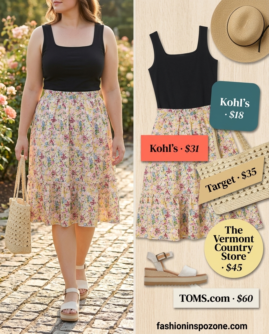 Sweet summer square neck outfit for women 2026: floral skirt, cream knit top, espadrilles for a picnic.