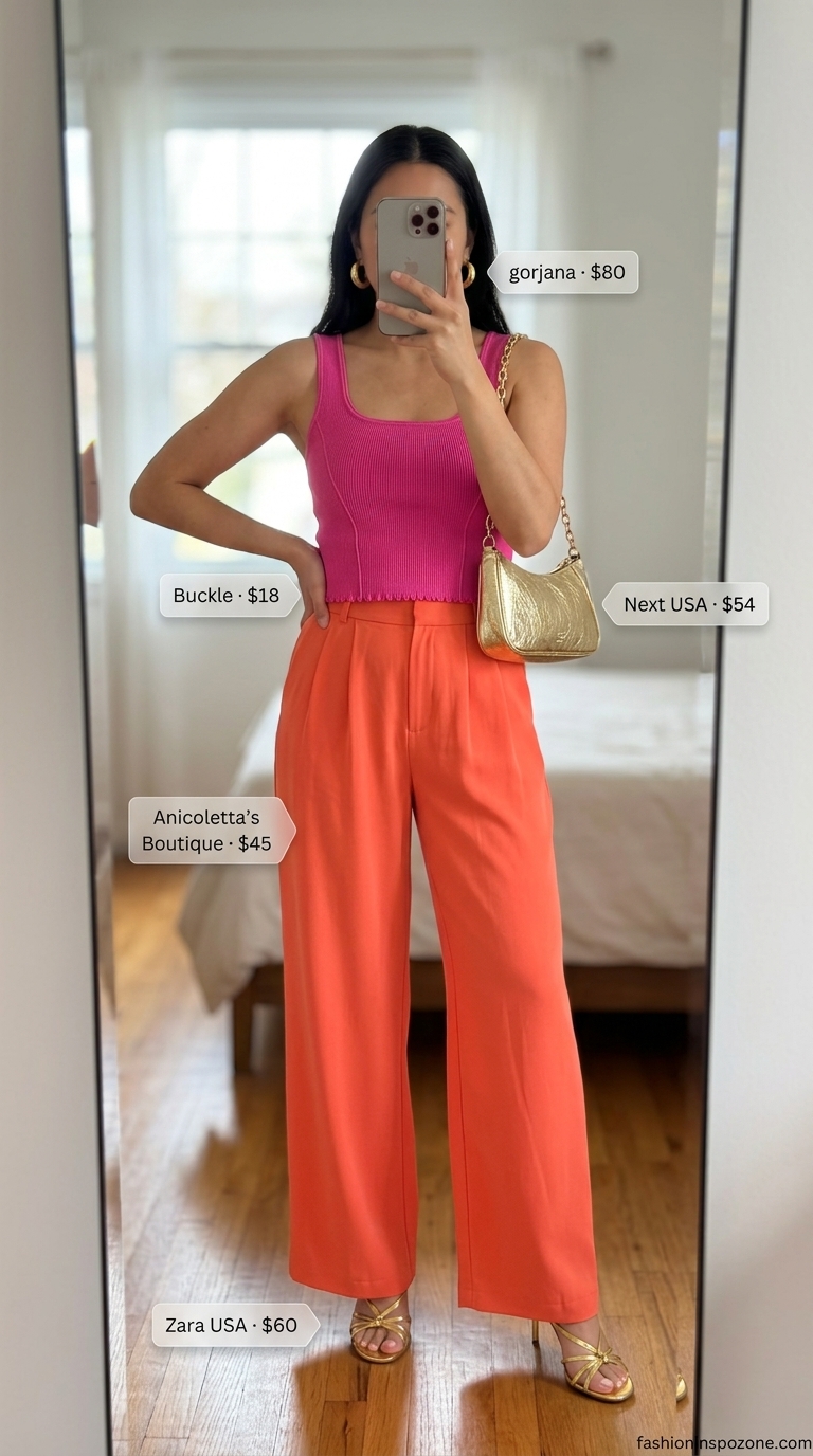 Bold summer square neck outfit for women 2026: fuchsia crop top, coral palazzo pants, gold heels for evening drinks.