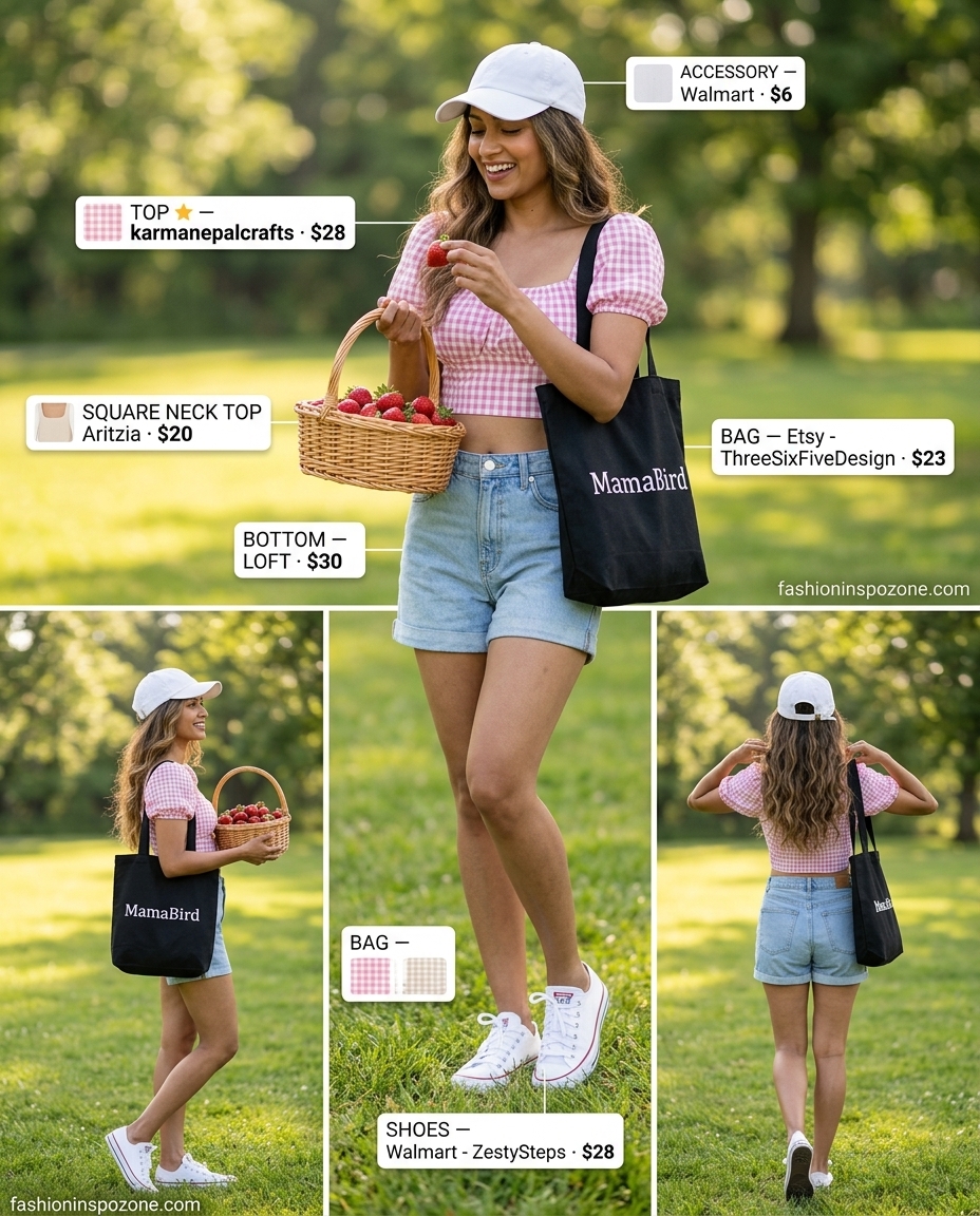 Pink gingham puff-sleeve square neck crop top with denim shorts and canvas sneakers for market outfits 2026.