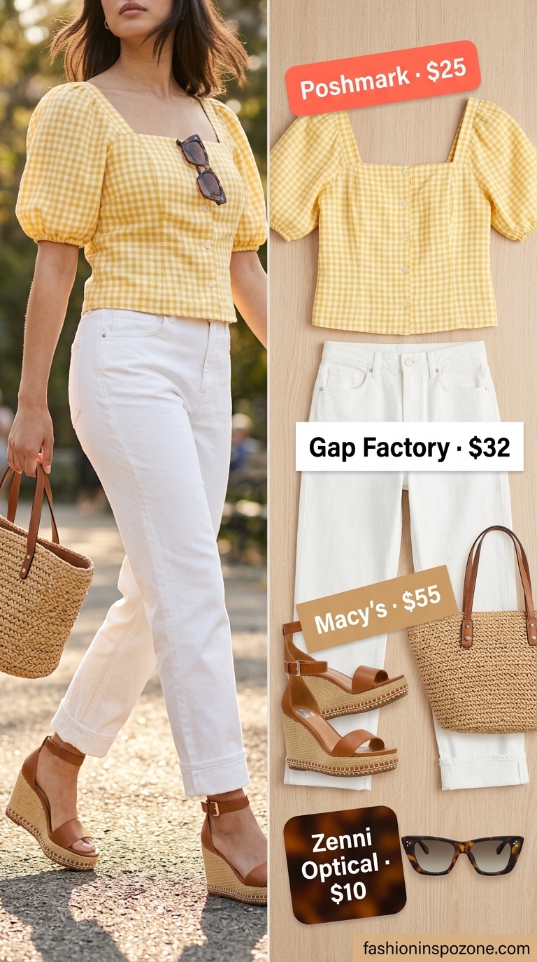 Playful summer square neck outfit for women 2026: yellow gingham top, white jeans, espadrilles for a picnic.