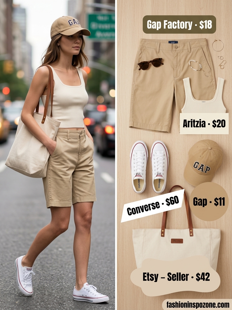 Casual grey square neck t-shirt with khaki Bermuda shorts and canvas tote for weekend outfits 2026.