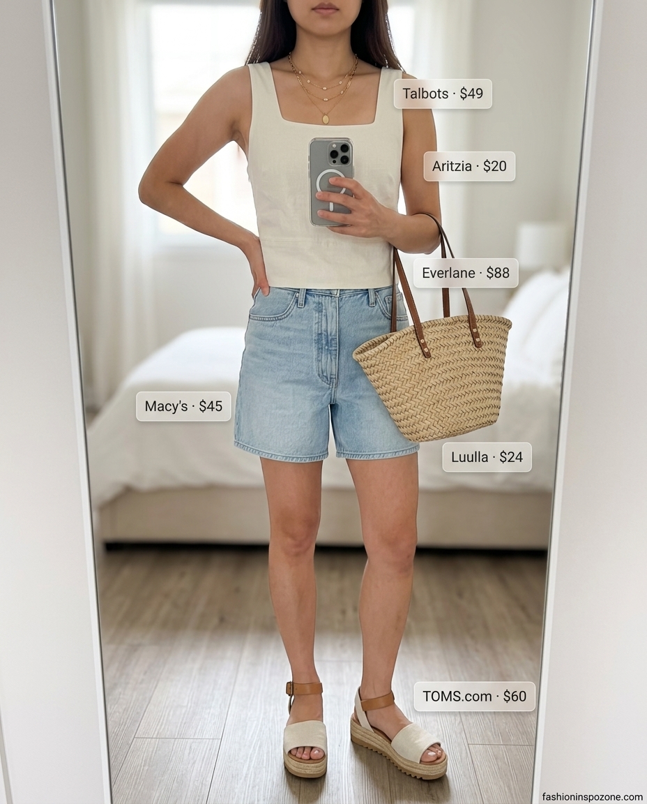Effortless summer square neck outfit for women 2026: ivory tank top, denim shorts, espadrille wedges for brunch.