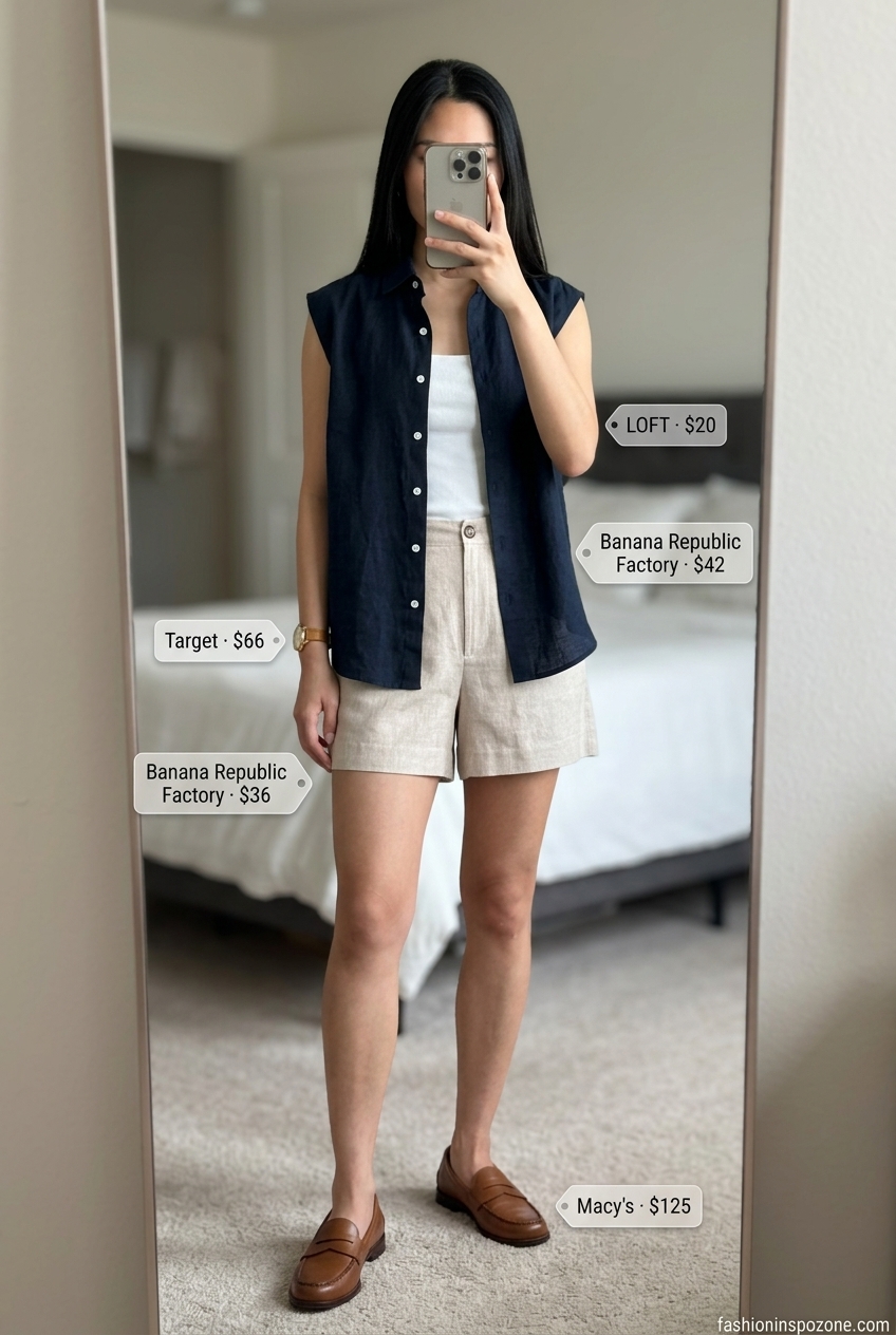 Navy tailored square neck blouse and linen shorts for summer Square Neck outfits for women 2026, smart casual for work or brunch.