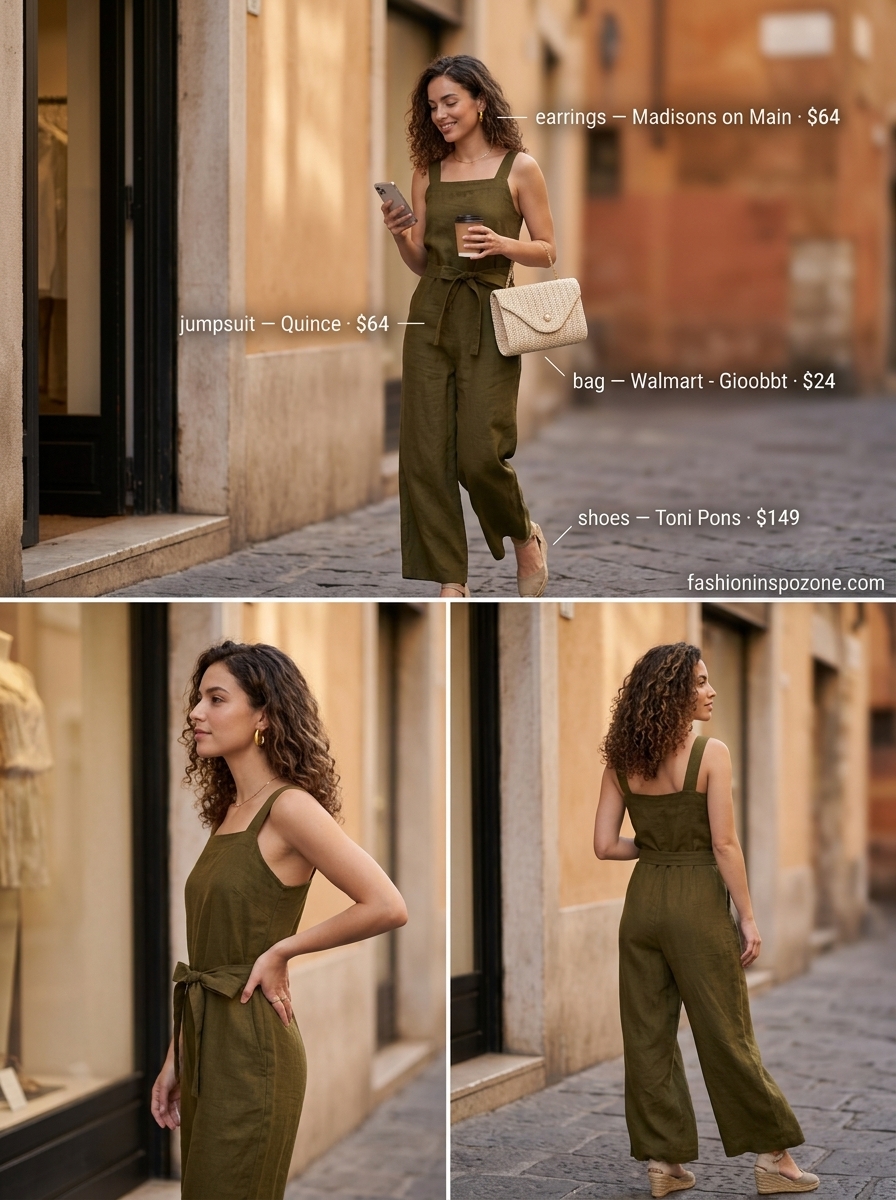 Olive green wide-leg jumpsuit with square neckline, tan wedges, and straw clutch for summer dinner outfits 2026.