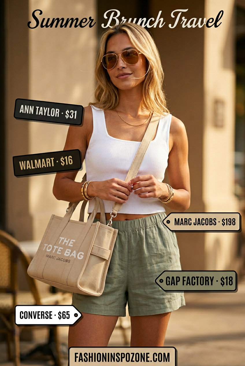 Comfortable summer square neck outfit for women 2026: sage green tank top, linen shorts, white sneakers for weekend.