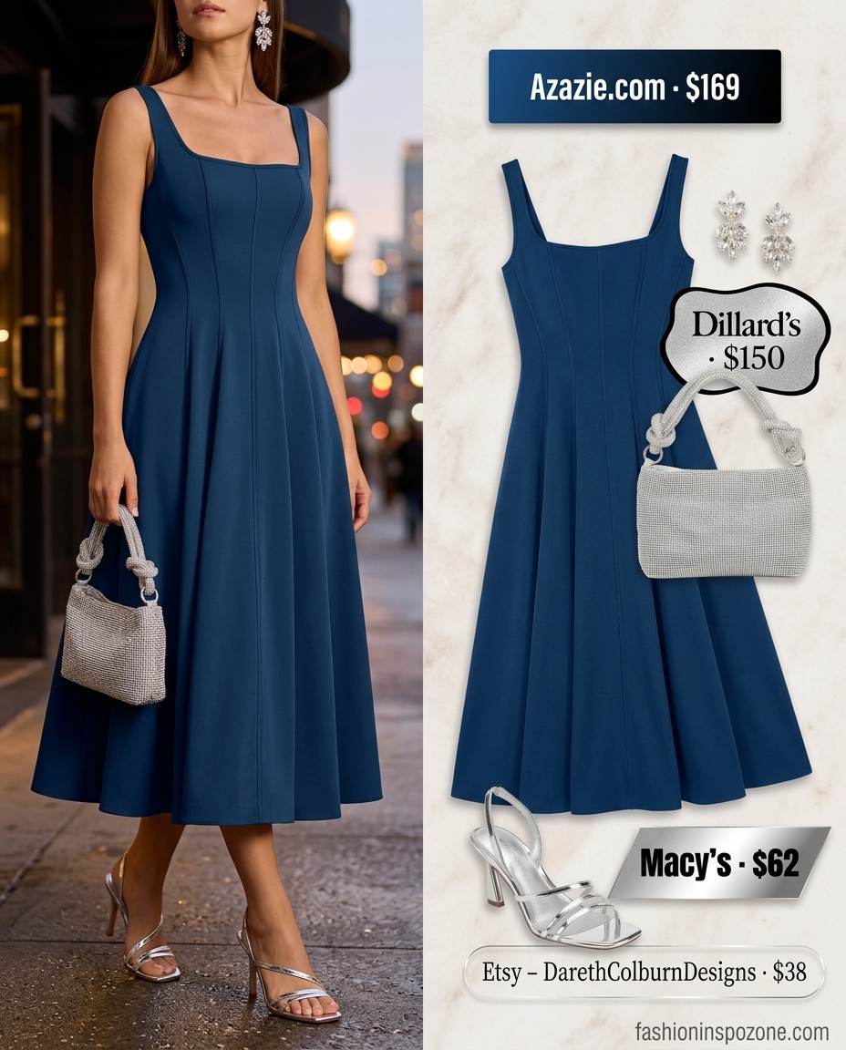 Sapphire blue square neck satin midi dress for summer Square Neck outfits for women 2026, elegant for cocktail parties.