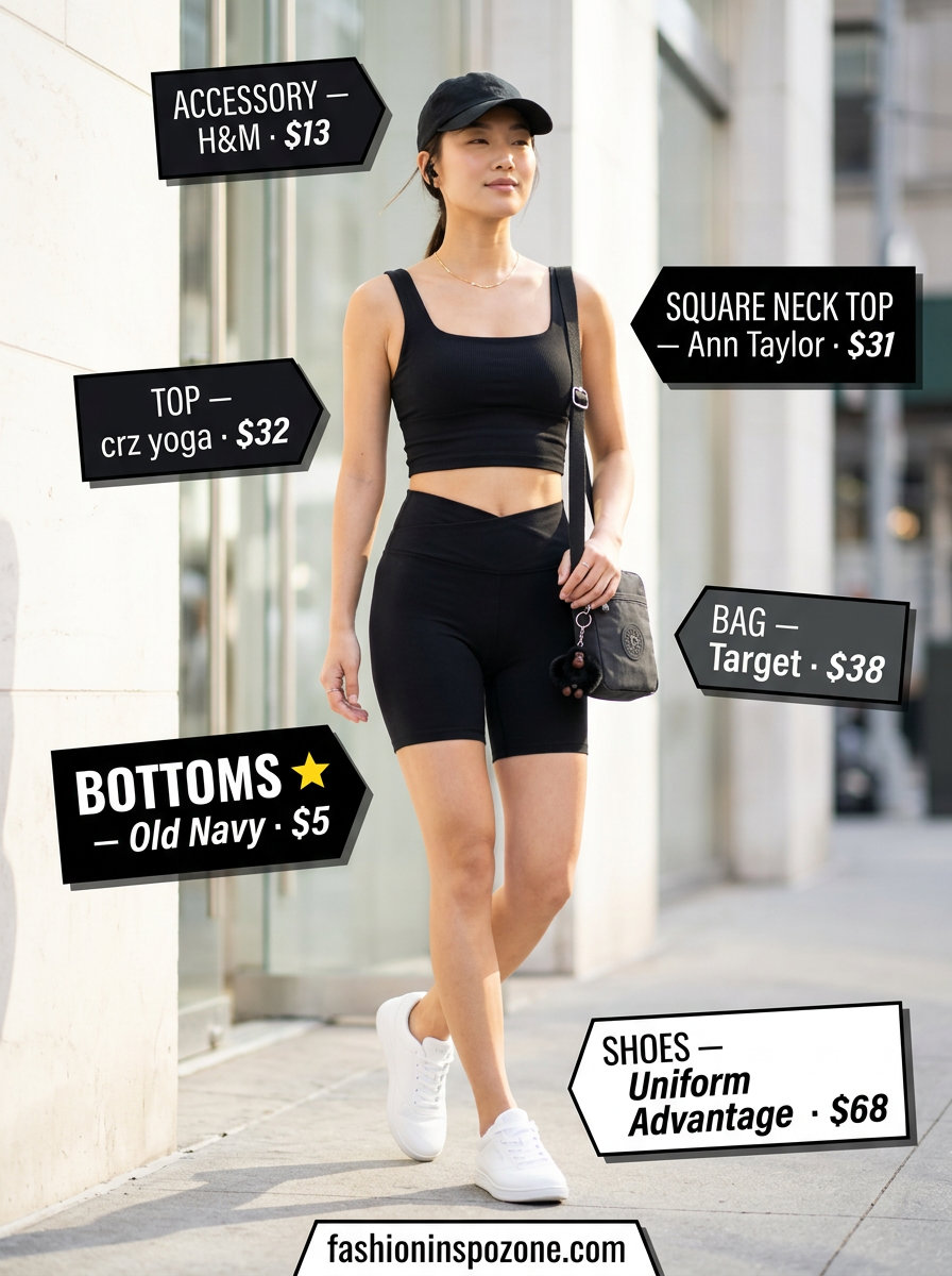 Black square neck sports tank top with biker shorts for summer Square Neck outfits for women 2026, sporty athleisure style.