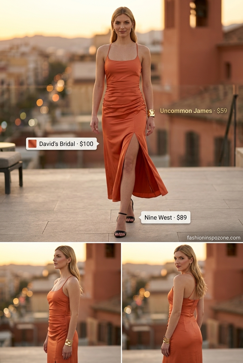 Terracotta orange satin square neck midi dress for summer Square Neck outfits for women 2026, paired with black heels and gold jewelry.